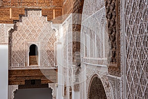 MARRAKECH, MOROCCO - APRIL 18, 2023 - Famous Medersa Ben Youssef in the medina of Marrakech in Morocco