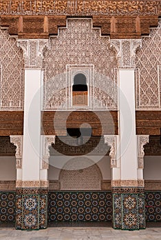 MARRAKECH, MOROCCO - APRIL 18, 2023 - Famous Madrassa Ben Youssef in the medina of Marrakech in Morocco