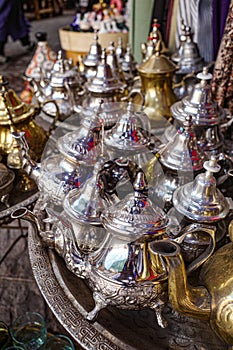 Marrakech, Morocco - Feb 10, 2023: Traditional Arabic lamps on sale in the souks of Marrakech