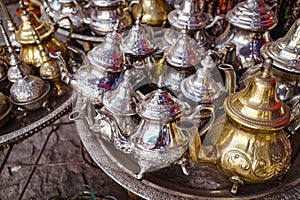 Marrakech, Morocco - Feb 10, 2023: Traditional Arabic lamps on sale in the souks of Marrakech