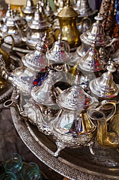 Marrakech, Morocco - Feb 10, 2023: Traditional Arabic lamps on sale in the souks of Marrakech