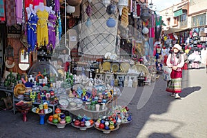 Marrakech, Morocco - Feb 21, 2023: Handicrafts on sale in the Marrakech Souk market