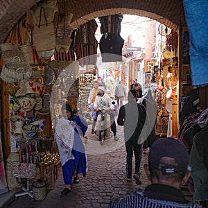 Marrakech, Morocco - Feb 21, 2023: Handicrafts on sale in the Marrakech Souk market