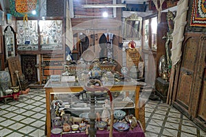 Marrakech, Morocco - Feb 21, 2023: Handicrafts on sale in the Marrakech Souk market