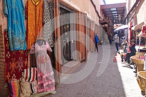 Marrakech, Morocco - Feb 21, 2023: Handicrafts on sale in the Marrakech Souk market