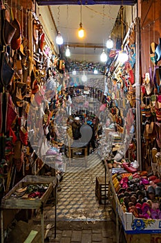 Marrakech, Morocco, 01/12/2020 market stall selling traditional leather slippers