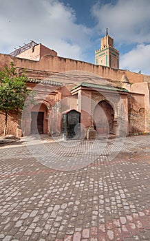 Marrakech square, mosque and fountain, copy space