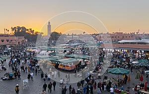 Marrakesh, 01 01 2023: Jamaa el Fna market square, Marrakesh, Morocco, North Africa. Jemaa el-Fnaa, Djema el-Fna or Djemaa el-Fnaa