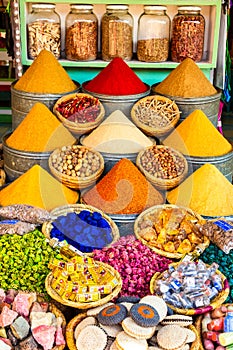 MARRAKESH, MOROCCO - APR 29, 2016: Herbs and spices sold in a shop in the souks of Marrakesh, Morocco