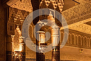 MARRAKESH, MOROCCO - JAN 2019: Moroccan architecture traditional arabian design - Big beautiful hall for big