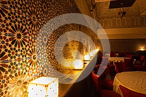 MARRAKESH, MOROCCO - JAN 2019: Moroccan architecture traditional arabian design - Big beautiful hall for big