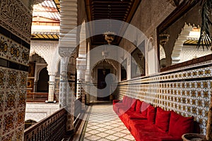 MARRAKESH, MOROCCO - JAN 2019: Moroccan architecture traditional arabian design - Rich Riyad patio mosaic interior