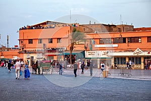 MARRAKESH, MOROCCO - JUNE 03, 2017: Evening in the famous Jemaa el-Fnaa square also Jemaa el-Fna, Djema el-Fna, or Djemaa el-Fnaa