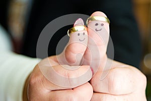 Marriage abstract with newlyweds hands smiles and rings photo