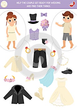 Marriage ceremony matching activity with cute bride, groom and their clothes. Match the objects game. Help the couple get ready