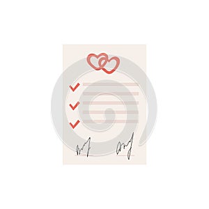 Marriage contract flat style colored icon. Prenup signed certificate. Prenuptial agreement form with check marks, two photo