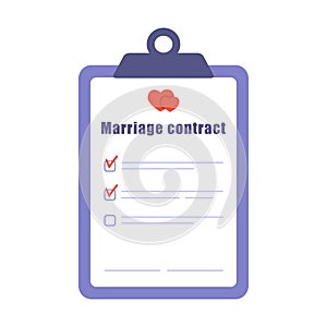 Marriage contract icon. Prenuptial agreement document. Couple divorce concept. Prenup wedding certificate. Vector
