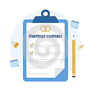 Marriage contract. Prenuptial agreement document. Couple divorce concept. Prenup wedding certificate. Vector