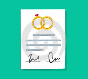 Marriage contract or prenuptial agreement legal document vector flat cartoon icon, prenup wedding certificate with