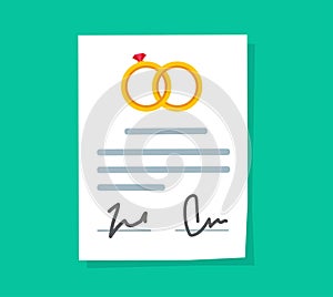 Marriage contract or prenuptial agreement legal document vector flat cartoon icon, prenup wedding certificate with photo