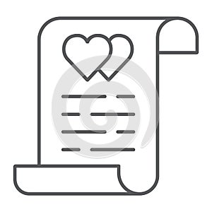 Marriage contract thin line icon, document and agreement, marriage insurance sign, vector graphics, a linear pattern on