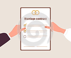 Marriage contract. Woman and man hands holding prenuptial agreement document. Prenup wedding certificate. Couple divorce