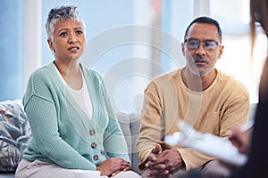 Marriage counseling, consultation and senior couple with therapist advice for communication problem, help or support