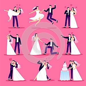 Marriage couple. Just married couples, wedding dancing and weddings celebration. Newlywed bride and groom vector