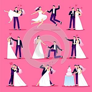 Marriage couple. Just married couples, wedding dancing and weddings celebration. Newlywed bride and groom vector illustration set