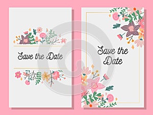 Marriage invitation card with custom sign and flower frame over wooden background. Vector illustration