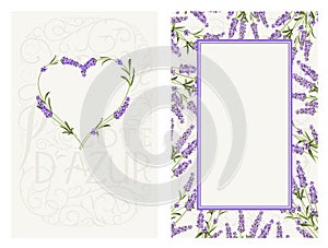 Marriage invitation card with text place and flower frame. Lavender frame for provence card. Printable vintage marriage