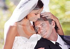 Marriage, kiss and wedding with couple, outdoor and love with romance, partnership and commitment. Nature man and woman