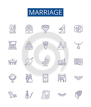 Marriage line icons signs set. Design collection of nuptials, union, wedded, wedlock, marital, matrimony, connubial