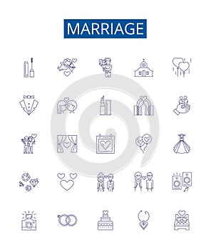 Marriage line icons signs set. Design collection of nuptials, union, wedded, wedlock, marital, matrimony, connubial