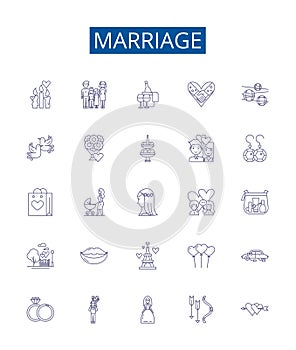 Marriage line icons signs set. Design collection of nuptials, union, wedded, wedlock, marital, matrimony, connubial