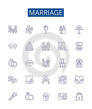 Marriage line icons signs set. Design collection of nuptials, union, wedded, wedlock, marital, matrimony, connubial