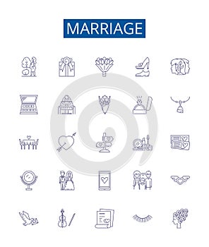Marriage line icons signs set. Design collection of nuptials, union, wedded, wedlock, marital, matrimony, connubial photo