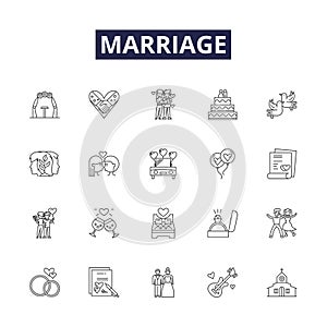 Marriage line vector icons and signs. Nuptials, Wedlock, Commitment, Matrimony, Vows, Covenant, Ceremony, Bond outline