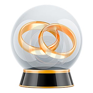 Marriage Prediction, concept. Crystal ball with golden wedding rings. 3D rendering