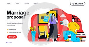 Marriage proposal concept for landing page template. Kneeling man proposes ring to woman. Engagement and love relationship people