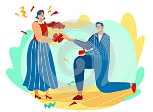 Marriage proposal, man on bended knee offers ring to happy woman, vector illustration