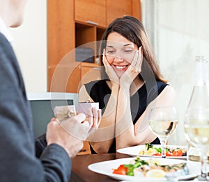 Marriage proposal, man give ring to his girl