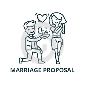 Marriage proposal,man and woman, love ring vector line icon, linear concept, outline sign, symbol