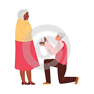 Marriage proposal surprise, old couple, vector romantic pensioners man on knees proposing to woman with engagement ring
