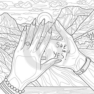 Marriage proposal. Two hands on the background of mountains.Coloring book antistress for children and adults.