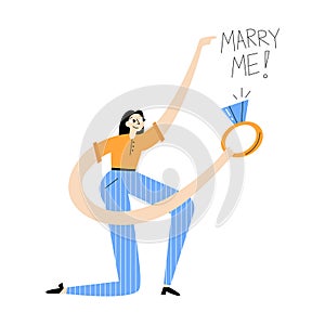 Marriage proposal, vector flat design illustration. Woman is holding a wedding ring with a diamond. Hand lettering marry me.