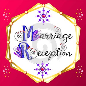 Marriage reception poster. Wedding reception sign board. Marriage label gradient word art background. Floral and butterflies.