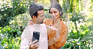 Marriage, selfie and couple showing ring, park and excited for romance, trust and celebration. Love, man and woman with