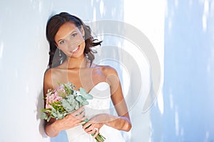 Marriage, wedding and bouquet with portrait of woman at venue for love, celebration and engagement. Ceremony, reception
