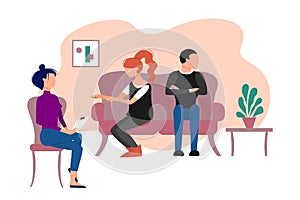 Married caucasian couple having therapeutical meeting at psychologist office. Flat style stock vector illustration. photo